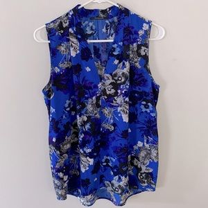 Tahari sleeveless blouse tunic blue floral sz S